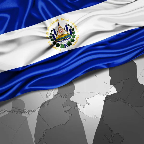 Σημαία Σαλβαδόρ Από Μετάξι Παγκόσμιο Χάρτη Και Ανθρώπινες Σιλουέτες Φόντο — Φωτογραφία Αρχείου