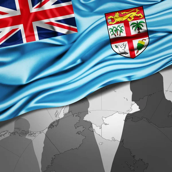 Flaga Fidżi Jedwabiu Mapą Świata Sylwetki Człowieka Tło Ilustracja — Zdjęcie stockowe