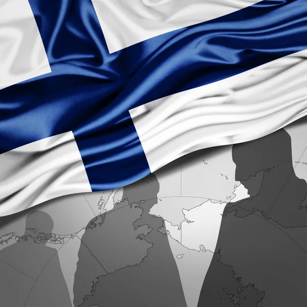 Finlandia Bandiera Seta Con Mappa Del Mondo Sagome Umane Sfondo — Foto Stock