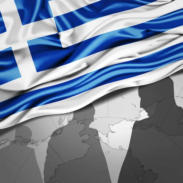 Σημαία Ελλάδας Από Μετάξι Φόντο Τον Παγκόσμιο Χάρτη Και Ανθρώπινες — Φωτογραφία Αρχείου
