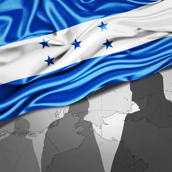 Bandera Honduras Seda Con Mapa Mundial Siluetas Humanas Fondo Ilustración —  Fotos de Stock