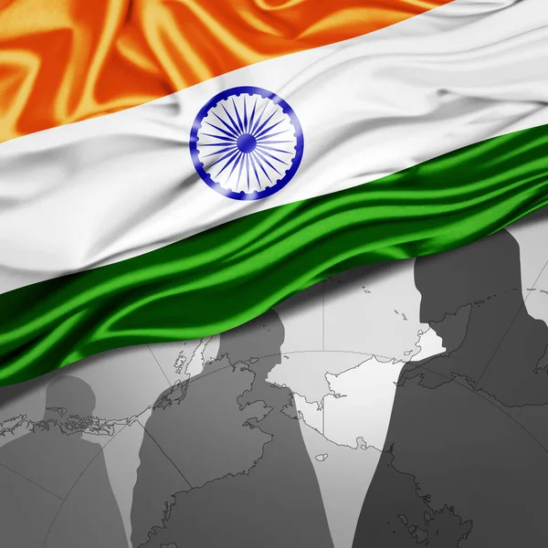 Indyjska Flaga Jedwabiu Mapą Świata Ludzkimi Sylwetkami Tło Ilustracja — Zdjęcie stockowe