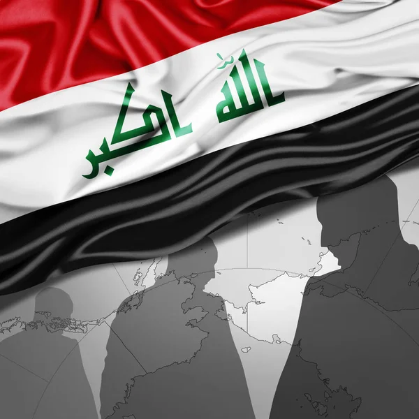 Irakische Flagge Aus Seide Mit Weltkarte Und Menschlichen Silhouetten Hintergrund — Stockfoto
