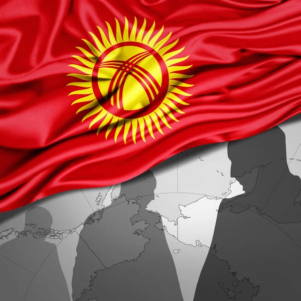 Kirgizië Vlag Van Zijde Met Wereldkaart Menselijke Silhouetten Achtergrond Illustratie — Stockfoto