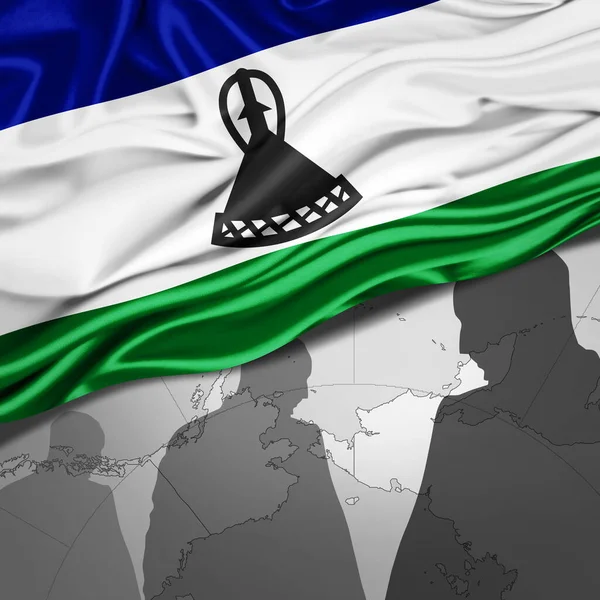 Lesotho Flag Silk World Map Human Silhouettes Background Illustration — Stock Photo, Image