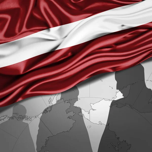 Letonya Ipek Bayrağı Dünya Haritası Insan Silueti Arkaplan Illüstrasyon — Stok fotoğraf