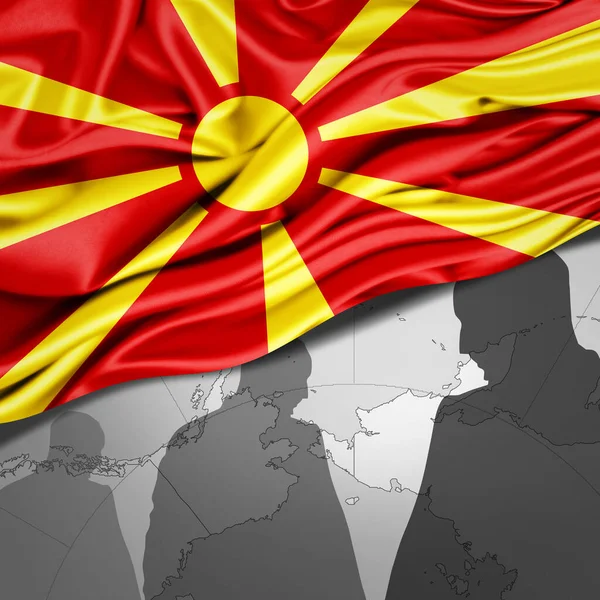 Bandera Macedonia Seda Con Mapa Mundial Siluetas Humanas Fondo Ilustración — Foto de Stock