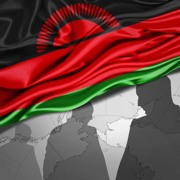 Bandeira Seda Malawi Com Mapa Mundo Silhuetas Humanas Fundo Ilustração — Fotografia de Stock