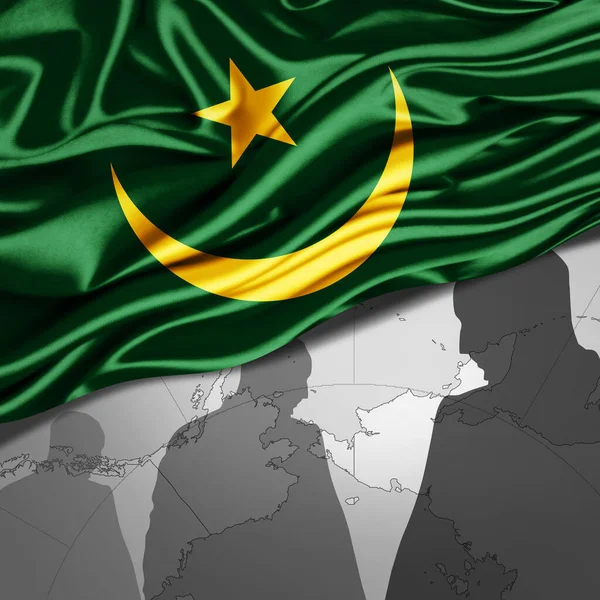 Moritanya ipek bayrağı dünya haritası ve insan silueti arka plan - 3D illüstrasyon