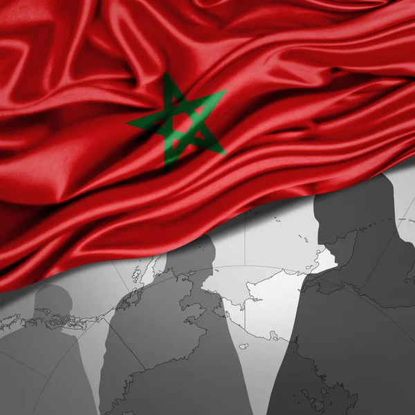 Marokko Vlag Van Zijde Met Wereldkaart Menselijke Silhouetten Achtergrond Illustratie — Stockfoto