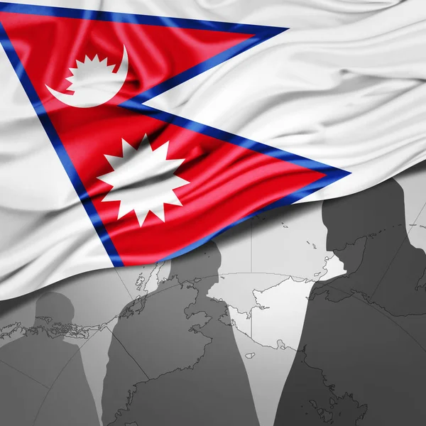 Nepalska Flaga Jedwabiu Mapą Świata Ludzkimi Sylwetkami Tło Ilustracja — Zdjęcie stockowe
