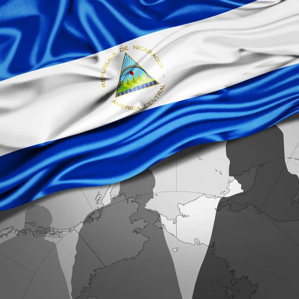 Bandera Nicaragua Seda Con Mapa Mundial Siluetas Humanas Fondo Ilustración — Foto de Stock