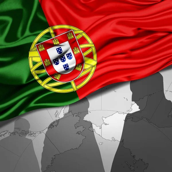 Portugal Flagga Silke Med Världskarta Och Mänskliga Silhuetter Bakgrund Illustration — Stockfoto