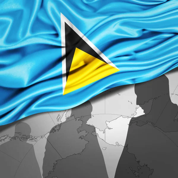 Saint Lucia Flag Silk World Map Human Silhouettes Background Illustration — Stock Photo, Image