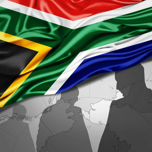 Sydafrika Flagga Silke Med Världskarta Och Mänskliga Silhuetter Bakgrund Illustration — Stockfoto