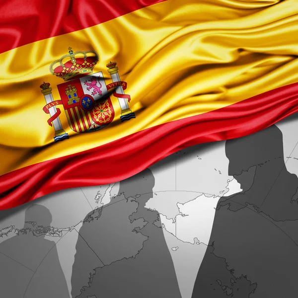 Bandera España Seda Con Mapa Mundial Siluetas Humanas Fondo Ilustración —  Fotos de Stock