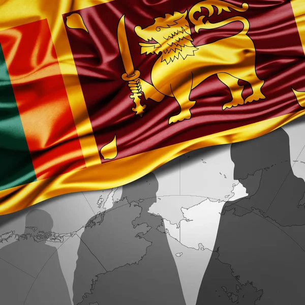 Sri Lankas Flagge Aus Seide Mit Weltkarte Und Menschlichen Silhouetten — Stockfoto