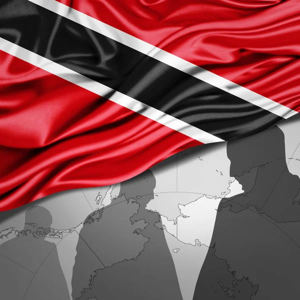 Bandeira Tobago Seda Com Mapa Mundo Silhuetas Humanas Fundo Ilustração — Fotografia de Stock