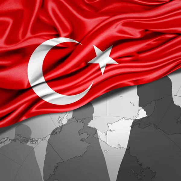 Dünya Haritası Insan Silueti Arkaplanlı Türkiye Ipek Bayrağı Illüstrasyon — Stok fotoğraf