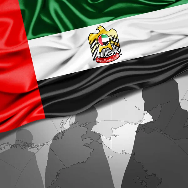 Vereinigte Arabische Emirate Flagge Aus Seide Mit Weltkarte Und Menschlichen — Stockfoto