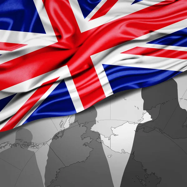 Флаг Великобритании Шелка Картой Мира Силуэтами Человека Иллюстрация — стоковое фото