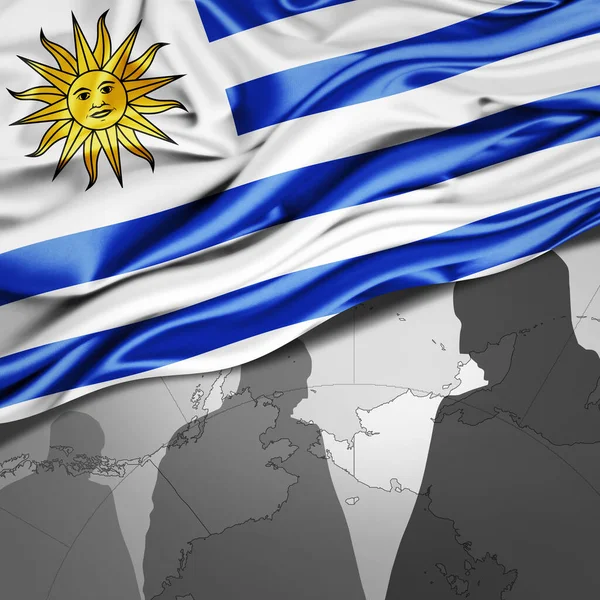 Uruguay Fahne Aus Seide Mit Weltkarte Und Menschlichen Silhouetten Hintergrund — Stockfoto