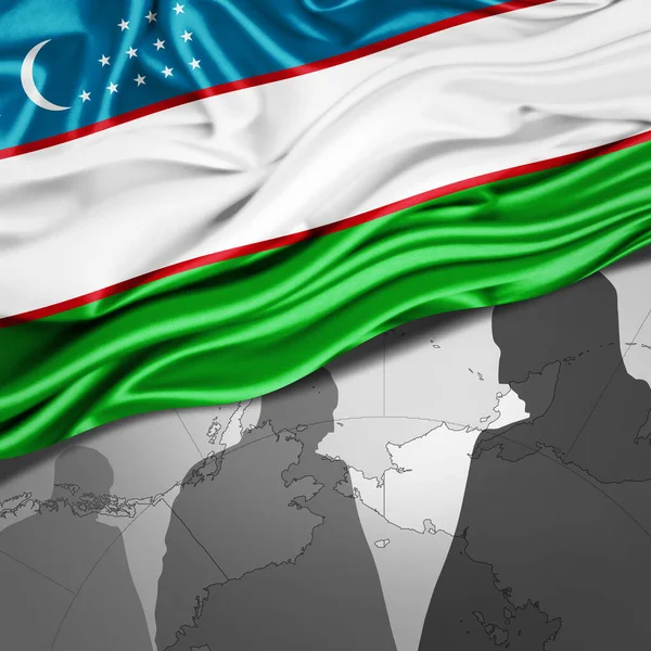 Uzbekistan flag of silk with world map and human silhouettes background -3D illustration