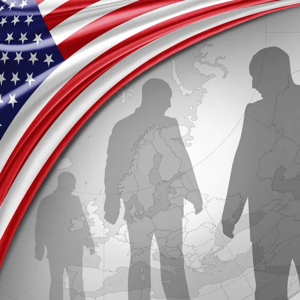 American Flag Silk World Map Human Silhouettes Background Illustration — Stock Photo, Image