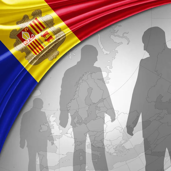 Andorra Flag Silk World Map Human Silhouettes Background Illustration — Stock Photo, Image