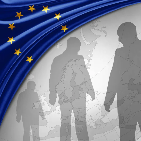 Europa Vlag Van Zijde Met Wereldkaart Menselijke Silhouetten Achtergrond Illustratie — Stockfoto