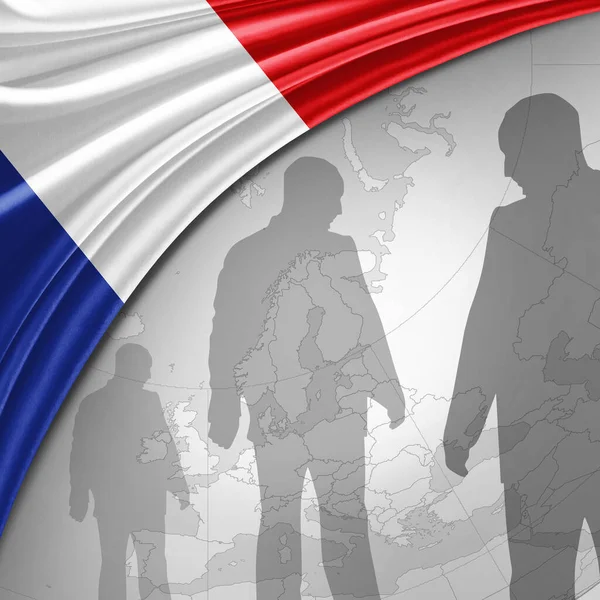 Σημαία Της Γαλλίας Μετάξι Παγκόσμιο Χάρτη Και Ανθρώπινες Σιλουέτες Φόντο — Φωτογραφία Αρχείου