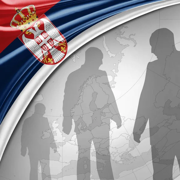 Bandera Serbia Seda Con Mapa Mundial Siluetas Humanas Fondo Ilustración —  Fotos de Stock