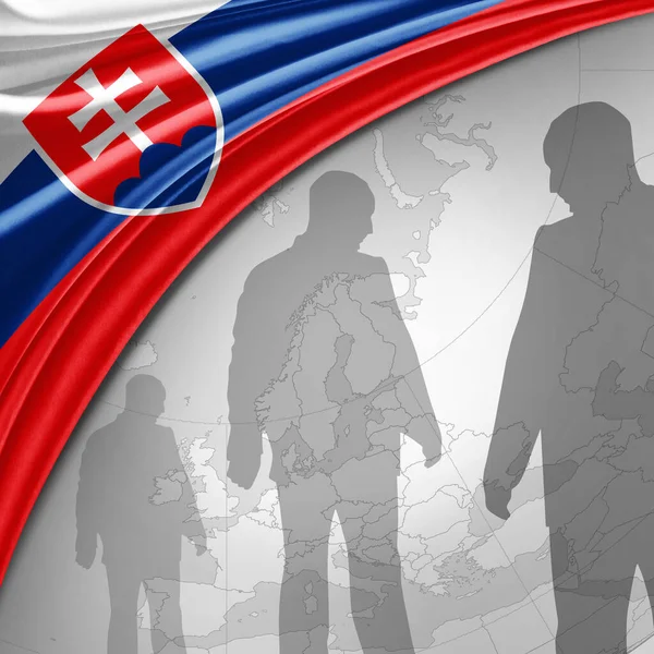 Slovensko Vlajka Hedvábí Mapou Světa Lidskými Siluetami Pozadí Ilustrace — Stock fotografie