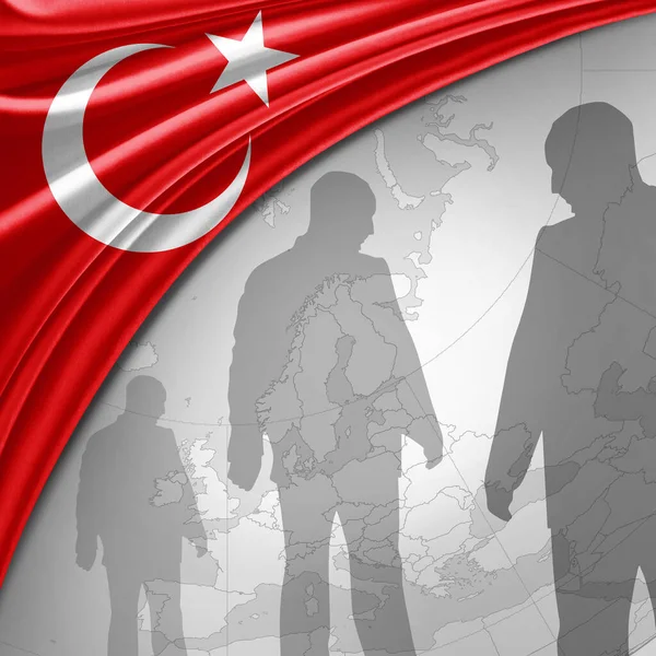 Bandera Turquía Seda Con Mapa Del Mundo Siluetas Humanas Fondo — Foto de Stock