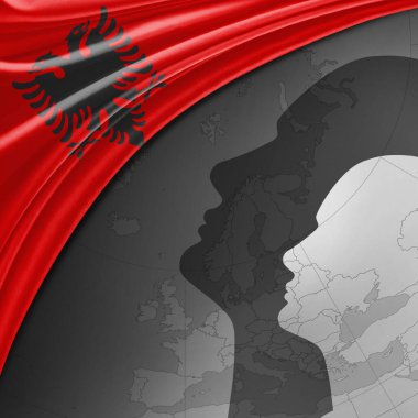 Arnavutluk ipek bayrağı dünya haritası ve insan kafaları arka planı -3D illüstrasyon