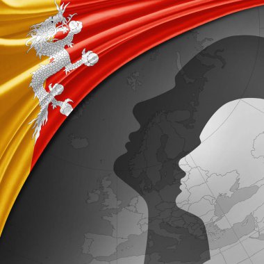 Dünya haritası ve insan kafaları arkaplanlı Bhutan ipek bayrağı - 3 boyutlu illüstrasyon