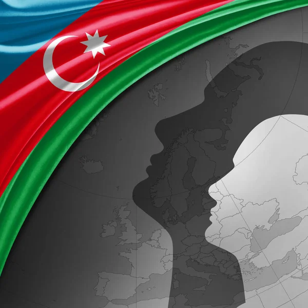 Azerbaigian Bandiera Seta Con Mappa Del Mondo Teste Umane Sfondo — Foto Stock