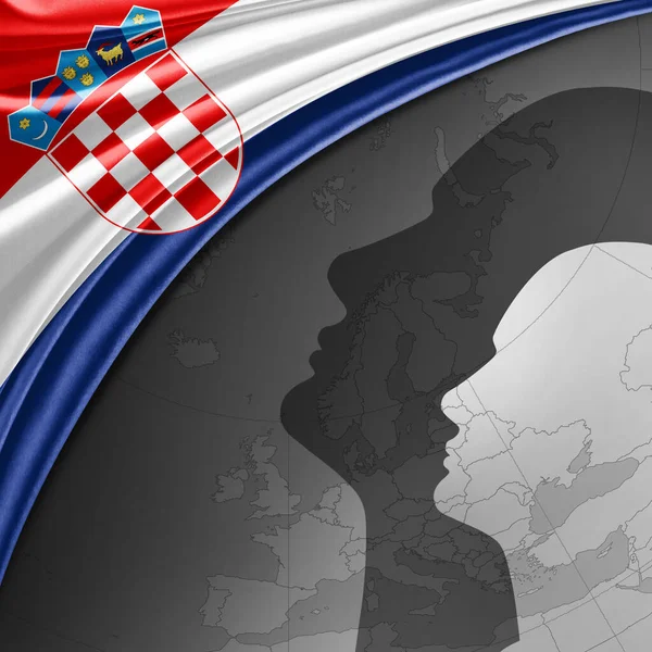 Bandera Croacia Seda Con Mapa Mundial Cabeza Humana Fondo Ilustración — Foto de Stock