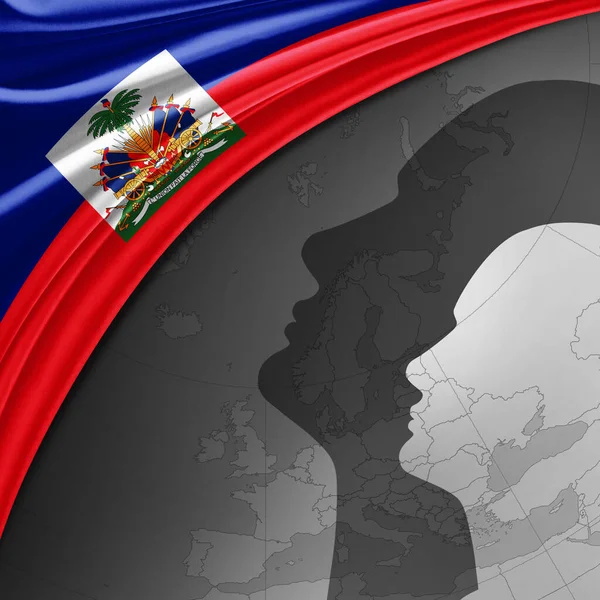 Haiti Ipek Bayrağı Dünya Haritası Insan Kafaları Arka Planı Boyutlu — Stok fotoğraf