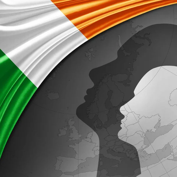 带有世界地图和人头背景的爱尔兰丝绸旗 3D插图 — 图库照片