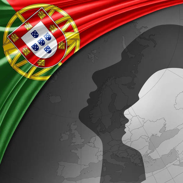 Portugalská Vlajka Hedvábí Mapou Světa Pozadím Lidských Hlav Ilustrace — Stock fotografie