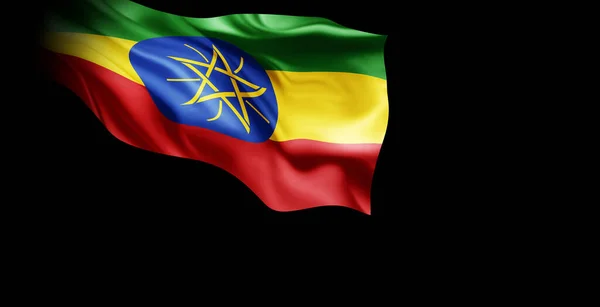 Weergave Van Een Golvende Vlag Van Ethiopië Geïsoleerd Een Zwarte — Stockfoto