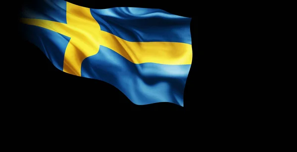 Ondeando Bandera Suecia Aislada Sobre Fondo Negro — Foto de Stock