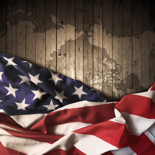 American Flag Silk World Map Old Wood Background — Stock Photo, Image