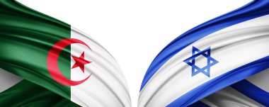 Metinleriniz, resimleriniz ve beyaz arkaplanınız için kopya alanı olan Cezayir ve İsrail ipek bayrağı. 3B illüstrasyon