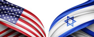 Metinleriniz, resimleriniz ve beyaz arkaplanınız için kopya alanı olan Amerikan ve İsrail ipek bayrağı. 3B illüstrasyon