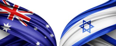 Avustralya ve İsrail ipek bayrağı. Metinleriniz, resimleriniz ve beyaz arkaplanınız için kopyalama alanı var. 3B illüstrasyon