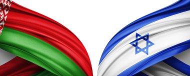 Belarus ve İsrail ipek bayrağı metin, resim ve beyaz arkaplan için kopyalama alanı ile. 3B illüstrasyon