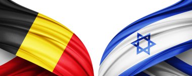 Belçika ve İsrail ipek bayrağı. Metnin, resimlerin ve beyaz arkaplan için kopyalama alanı var. 3B illüstrasyon