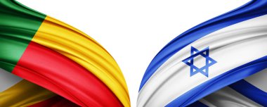 Benin ve İsrail ipek bayrağı. Metinleriniz, resimleriniz ve beyaz arkaplanınız için kopyalama alanı var. 3B illüstrasyon